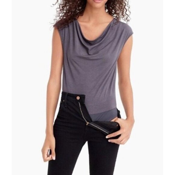 J Crew 365 Sz XS Gray Draped Cowl Neck Cap Sleeve Modal Stretch Bodysuit NWT NEW - Picture 1 of 11